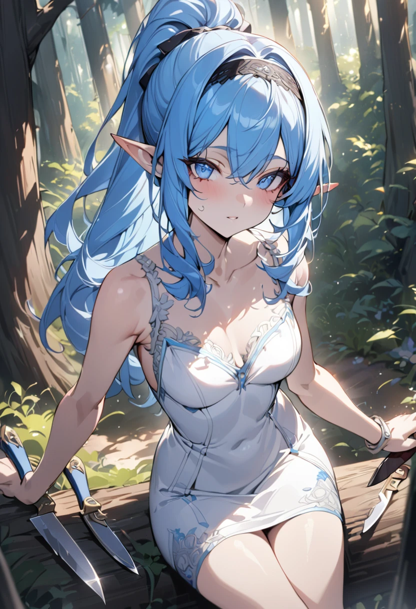 ((blue hair)), highly detailed face and eyes, (long ponytail), jewelry hairband, long pointy ears, anime, masterpiece, textured skin, (super detail), award winning, (best quality), elf, in forest, Sunbeams filtering through the trees, (white dress), whole body, beautiful legs, knife, tsurime, blue eyes