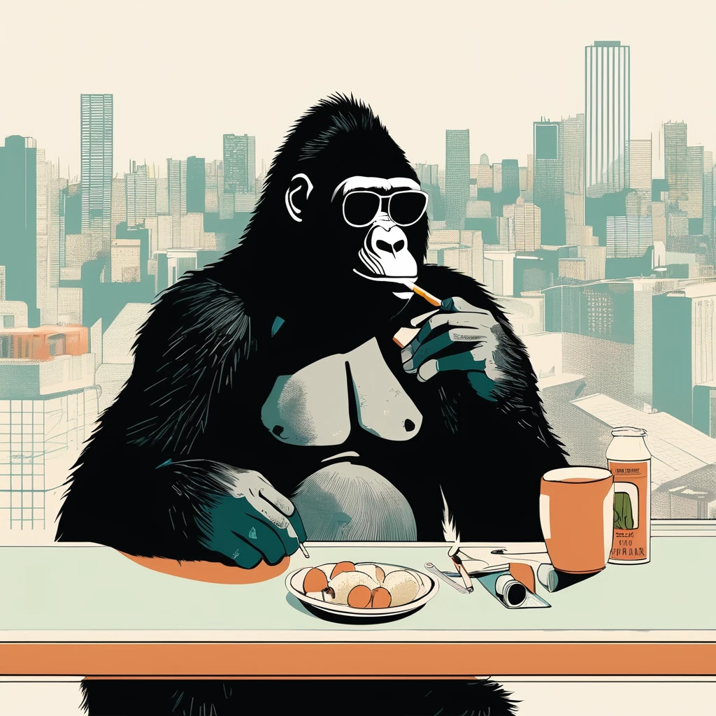 gorilla-like , sweet,art by Sophie Roach , art by Jon Klassen , art by Michael Cho , art by Sophie Roach、sunglasses,campimg,smoking,city
