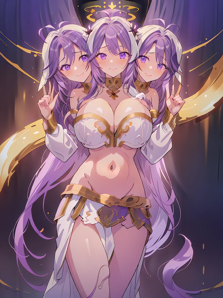 (masterpiece, best quality), best resolution, (3heads:1.5), 1girl, dark purple hair, long flowing hair, smiling, seductive smile, open belly, white-purple crop top, white miniskirt, open breasts, big tits, very huge tits, beautiful eyes, alluring presence,