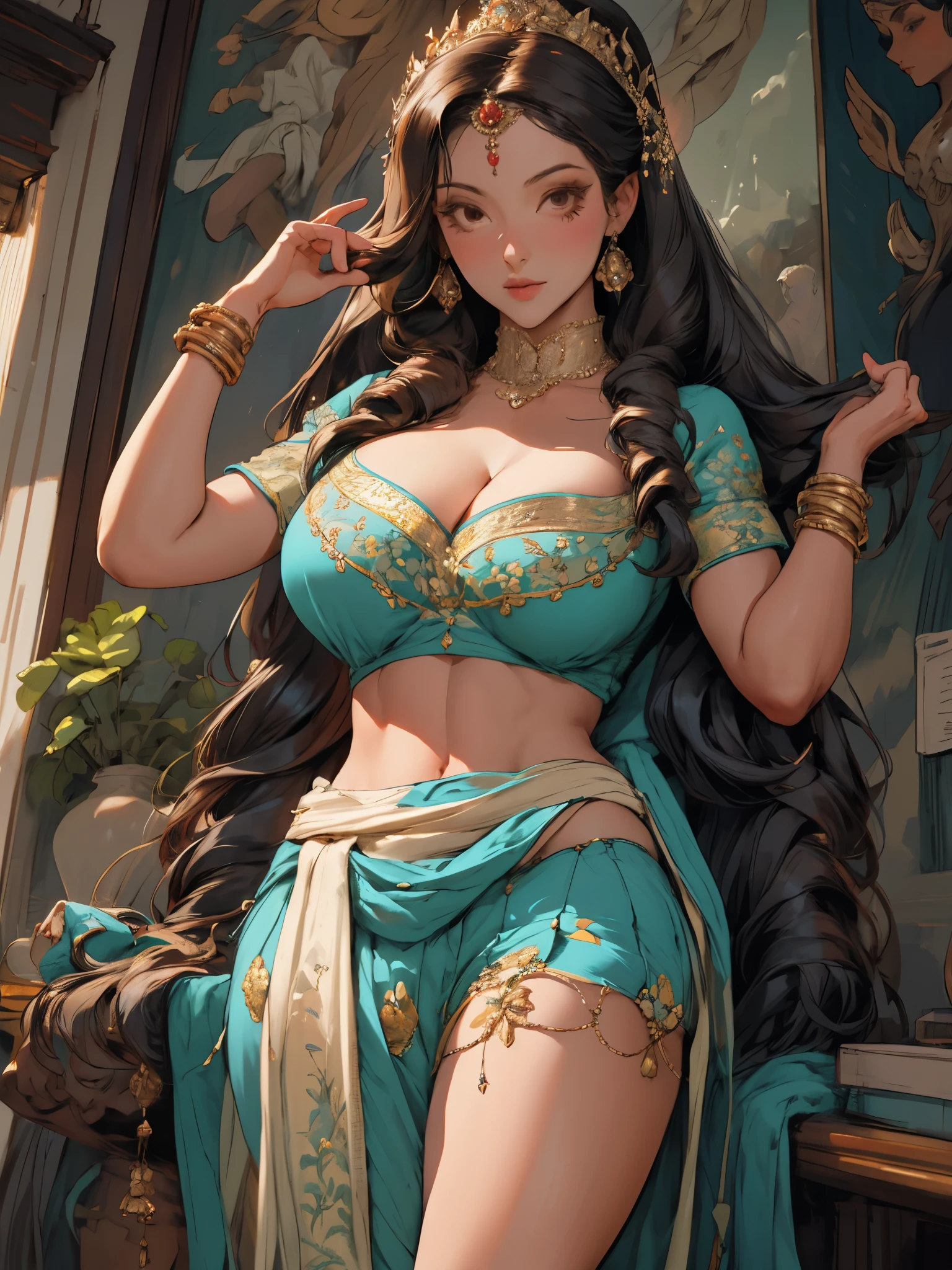 1girl, very long wavy hair, twintails, detailed face, looking at viewer, (nose blush:1.2), full breasts, very short sleeve t-shirt, pleated micro skirt, thigh, indian, saree, (gorgeous:1.2), apsara, maharani, royal queen, nymph, hindu mythology, urvashi, highly detailed, oil painting, captivating, heavenly, celestial, realistic, hyper realistic, incredible artwork, insane details, ultra high resolution, masterpiece, realism, baroque, renaissance, best quality, gigantic breasts,