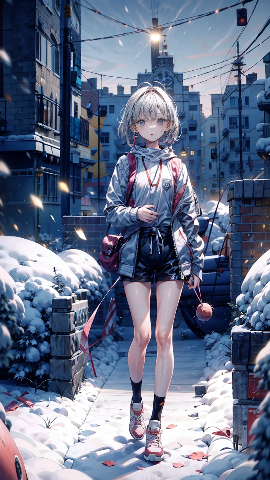 girl,,of,Medium chest,Waistcoat,Thin waist,Vest line,Gray sweatshirt jacket,White sports shorts,Thin legs,Thin legs,Legs straight,瘦of,White sports socks,snow,Snow