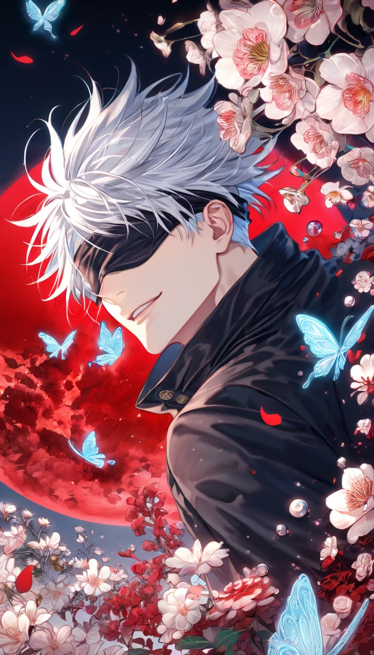 absurdres, highres, ultra detailed, HDR, master piece, extremely detailed, Gojou Satoru, white hair, blindfolded eyes, Jujutsu Kaisen, sexy man, handsome, best quality, red moon, flowers, fantasy, magical, solo, red water, red shining fireflies, red petals, handsome smile, silver small butterflies, red dust, black coat,