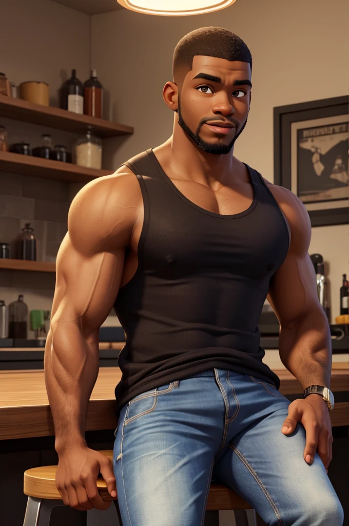 a hot black male, savon jackson, well-trimmed beard, dark skin, buzzcut, early 20s, sitting on bar stool in modern kitchen, beefy body, big juicy jiggly pecs, extremely detailed, realistic, photorealistic, 8k, high quality, cinematic lighting, dramatic shadows, warm color tones, wearing a tank top and jeans