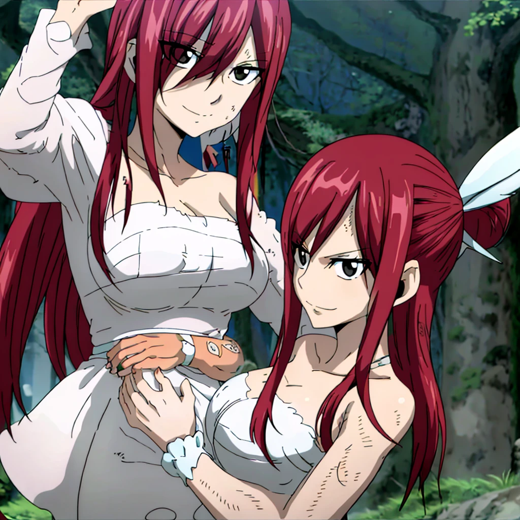 masterpiece, anime style, best quality, highres, fairy tail, 1girl, big breasts, collarbone, midriff, sarashi wrap, standing, insane mentally unstable smile,mature woman, tall, short hair, pail skin