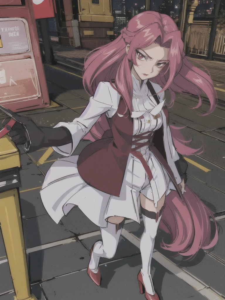 A handsome girl with a princess cut, bright red hair, a white shirt, and a proud chest covered tightly. She is wearing leg rings, black stockings, and high heels. She is standing on the street full of lights and people are coming and going. Some of them have angry expressions and pout.