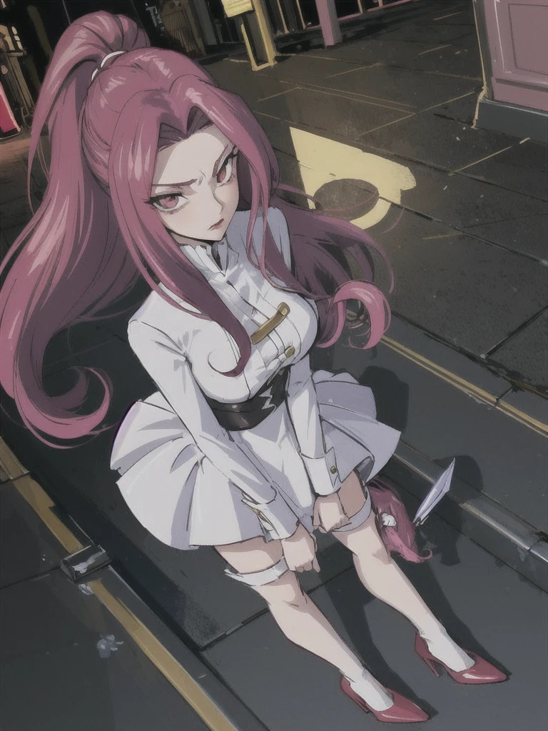 A handsome girl with a princess cut, bright red hair, a white shirt, and a proud chest covered tightly. She is wearing leg rings, black stockings, and high heels. She is standing on the street full of lights and people are coming and going. Some of them have angry expressions and pout.