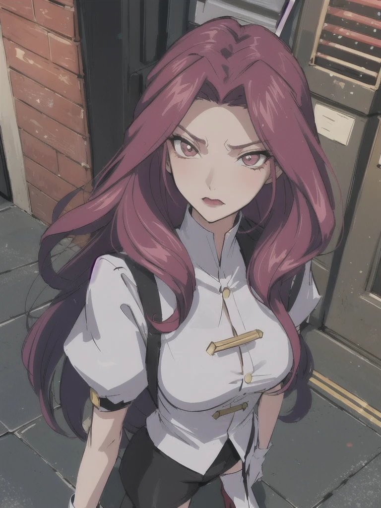 A handsome girl with a princess cut, bright red hair, a white shirt, and a proud chest covered tightly. She is wearing leg rings, black stockings, and high heels. She is standing on the street full of lights and people are coming and going. Some of them have angry expressions and pout.