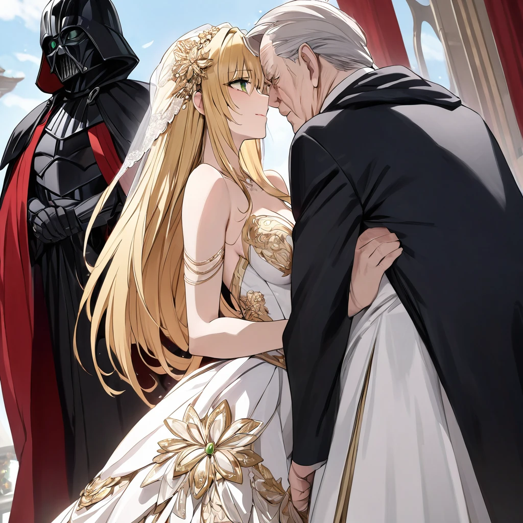 ((Highest quality)), ((masterpiece)), (detailed), （Perfect Face）、The woman is a tiare with green eyes, medium-long blonde hair, and is wearing a gorgeous wedding dress with gorgeous gold embroidery and trim, a wedding veil, and an engagement ring.、The woman is in a wedding ceremony with Emperor Palpatine、The woman is standing close to the Emperor, and the dignified old Emperor Palpatine is holding the woman close to him as they hold their wedding ceremony.、The man is Darth Sidious, Emperor Palpatine, Dark Lord of the Sith, a wrinkled, dignified, ugly old man wearing a black hooded robe.