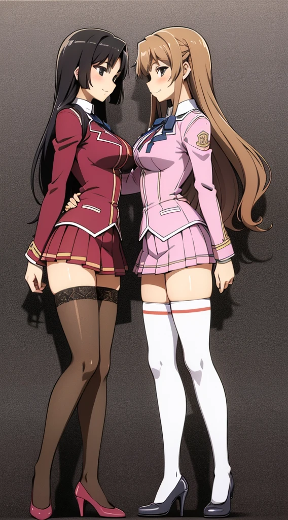 Masterpiece, high quality, 2girls, duo, identical twins, identical sisters, brown hair, curly hair, matching hairstyles, hazel eyes, medium sized bust, (school uniform, sexy school uniform, blazer, lace section, ribbon, rainbow short skirt, white thigh-high socks, black high heels, matching outfits), smile, flat_colour, full body, seductive pose, Duo pose: From the side angle, people&#39;s body curves are beautiful.
hugged from the side