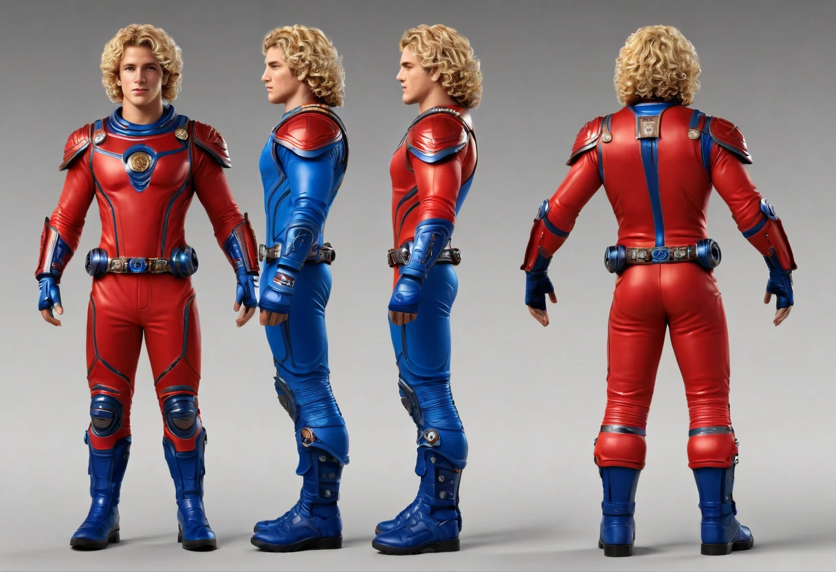 front view, side view, back biew, a dynamic photorealistic ((full-body character sheet)) of a 22years old RYAN DALISH, of north-american origin, fit appearance, well built, blonde curly hairs, chiseled chin, greek demi-god appearance, face like the roman and greek statues, in a red and blue spacesuit with boots, perfect anatomies, detailed faces, detailed skins, detailed eyes and mouths, well aligned teeth, high quality, 4k resolution, photographic, hyperrealistic,