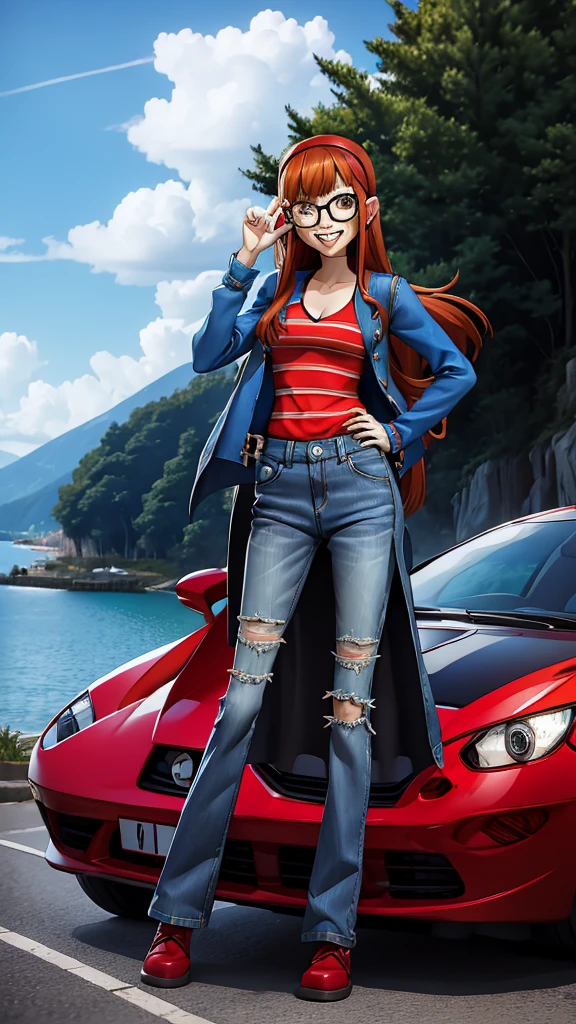 colettedef, sharp teeth, hair over one eye, hairband, blue shirt, long sleeves, red vest, pants,striped shirt, long sleeves, skirt, denim skirt, dsfutaba