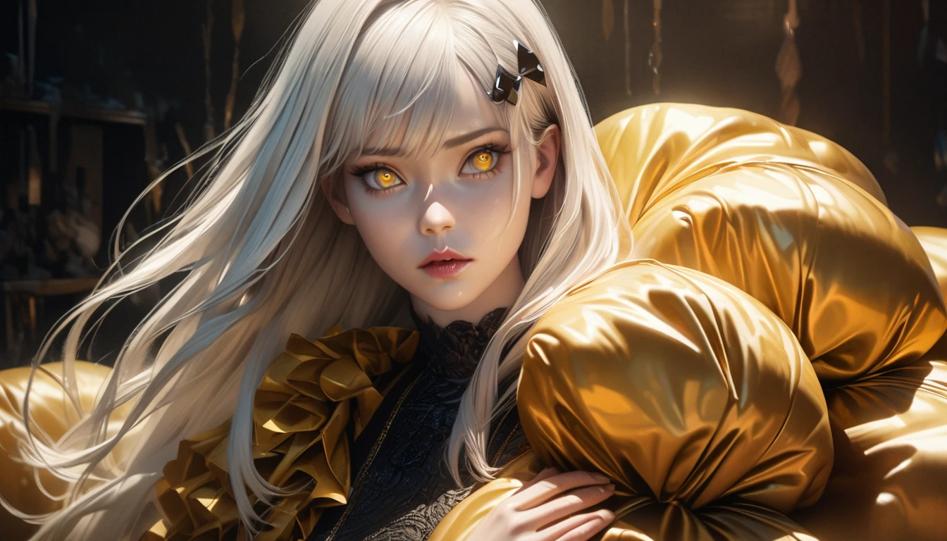 a woman with flowing white hair, melancholy eyes, yellow pupils, black diamond-shaped hairpin, cutting up tattered super huge golden silk cushions with scissors, detailed face and eyes, photorealistic, 8k, cinematic lighting, dramatic color palette, high fashion, editorial style