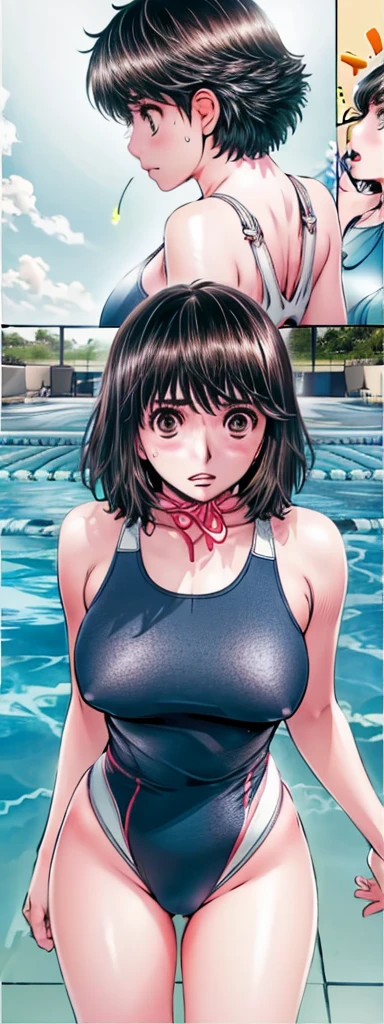 A boyish, short-haired, busty, beautiful-legged beauty is standing by the pool in a competitive swimsuit with her legs spread to the sides, her mouth open, and her face blushing.。Angle from behind。