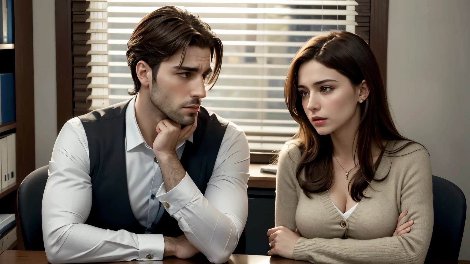 Mary, a woman with brown hair and piercing eyes, determined and loving, faced uncertainty with courage while João, a man with dark hair and a worried expression, hid an emotionally charged secret in his office lit by the afternoon gloom, set in a silent house full of suspended expectations.