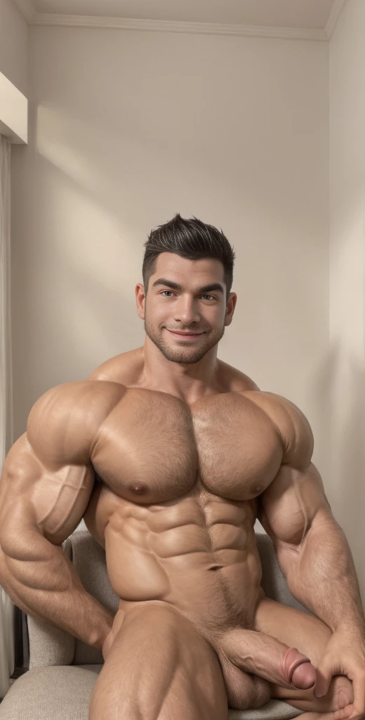 (masterpiece, intricately detailed, highest resolution, best quality:1.2),a cocky Sean Xavier, a 34 y.o muscle stud with a muscular physique sitting on a chair with black eyes,fair-skinned male, completely naked, flaccid penis, intimidating, little smirking, saggy balls,hairy chest,vascular,muscle striations,soft light,fantastic realism,