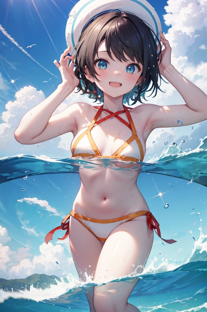 Swimwear、Concept Art、masterpiece、Shy laugh、high resolution、Playing in the sea、Shooting from below、Pour water on、Shooting at a dynamic angle