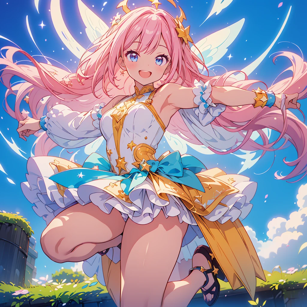 1girl、Star Fairy、(((Highest quality、Masterpiece、Official Art、Super detailed、The best dynamic composition)))、人生最高のsmile、fluffy、Sparkling、はじけるsmile、Capture the moment of jumping for joy、happiness、happiness、joy、smile、Laughing with mouth open、