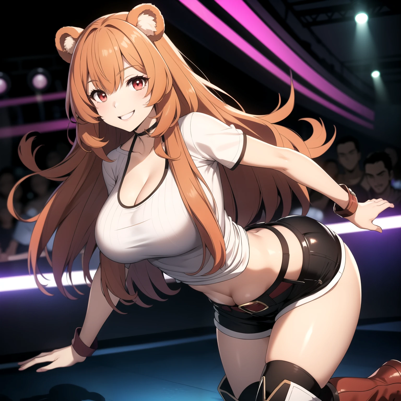 Raphtalia woman 23 years old straight orange hair , round bear ears, red eyes like ruby, happy smile, short white t-shirt, low-cut, neckline, big breasts, tight shorts, big butt. Boots, is in a nightclub, background a disco,