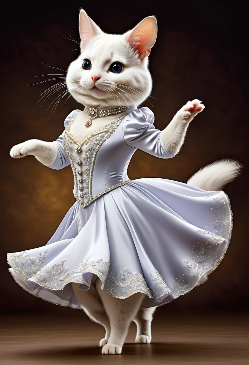 Realistic portrait of a dressed animal - beautiful chinchilla white cat, Dancer,(Dynamic action poses for ballroom waltz dance), high quality,(Lovely) ,Intricate details, Very detailed ((Gorgeous ballroom dancing costumes)) ,Very detailed decorations,, (Happy), Studio Lighting,(Full body image:1.5)