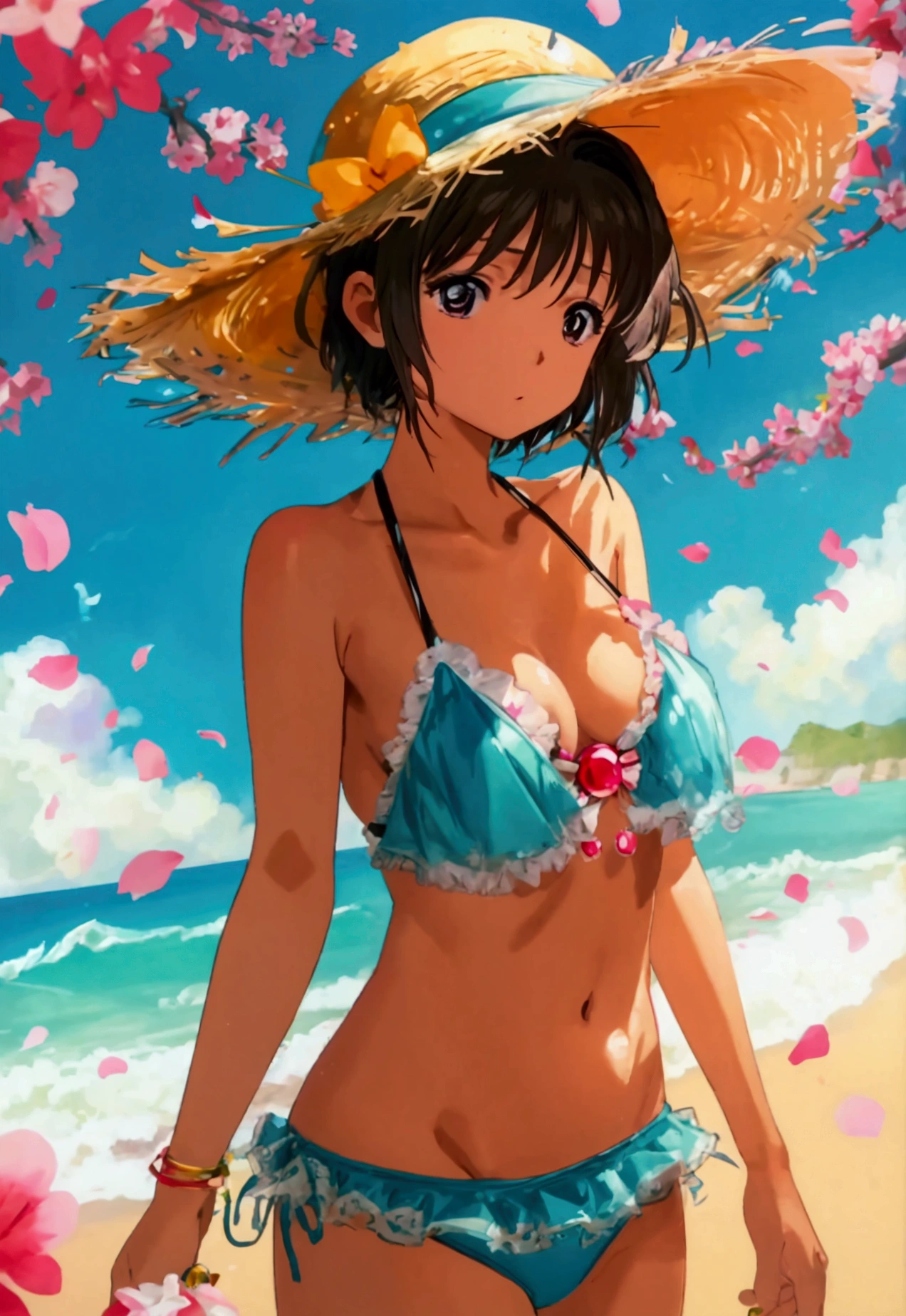 Sakura Kinomoto on the beach in a very tight bikini, showing her breasts, colorful image, with a black cat