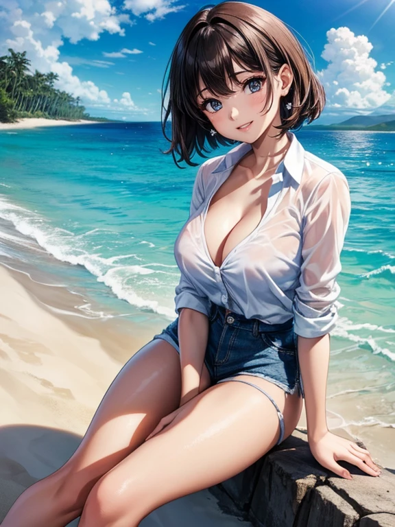 (Highest quality、masterpiece、High resolution、8K)、Vibrant colors、Young and beautiful woman 1、whole body、Brown and black short bob、barefoot、(Detailed face、Beautiful Eyes、Beautiful nose、Pretty lips)、Ample beautiful breasts、Beautiful cleavage、White shirt and shorts、Ride along the sandy beach、A refreshing smile、Official Art、The background is the sea、blue sky、White waves and wide sandy beach、Wide forest、White Entrance Cloud、