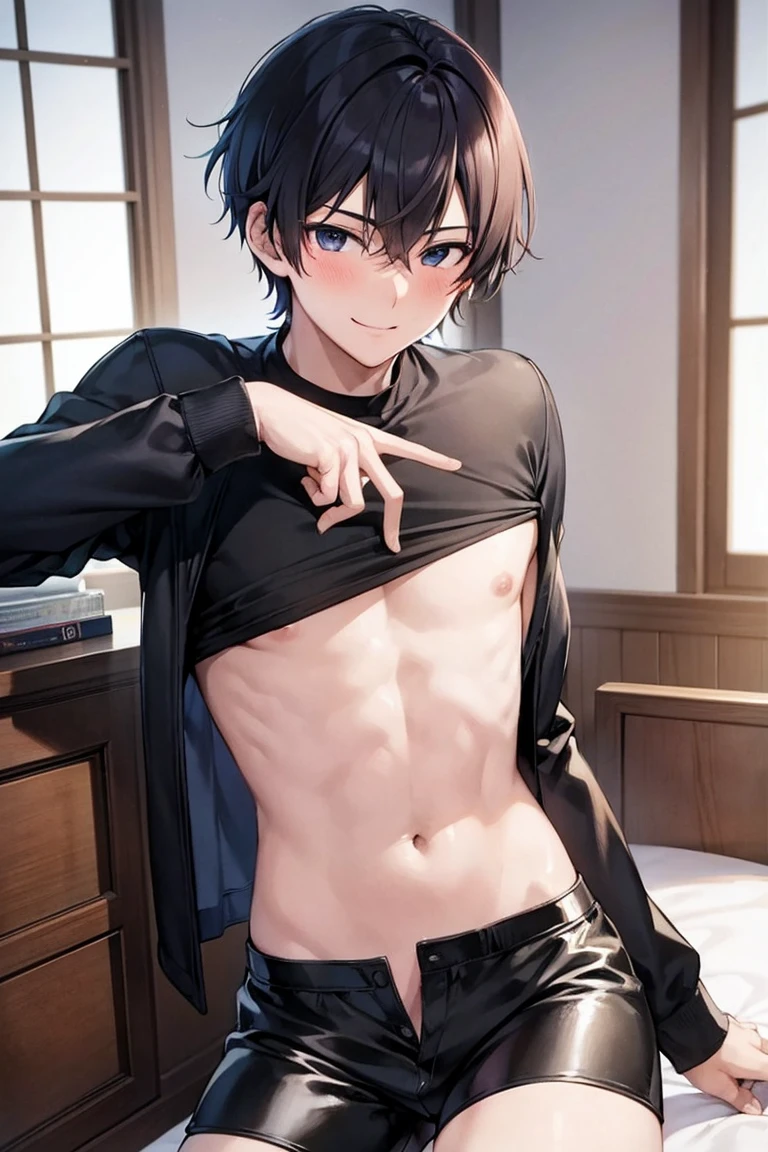 masterpiece, Highest quality, beautiful boys anime face, 19 old a boy, gay anime hentai, tall, no underwear, bedroom alone, sexy pose, blushing and smile face, Upper body naked, short hair, black eyes, leather shorts, want sex, prostitute boy, full body, crotch emphasis, The gesture of taking off your pants