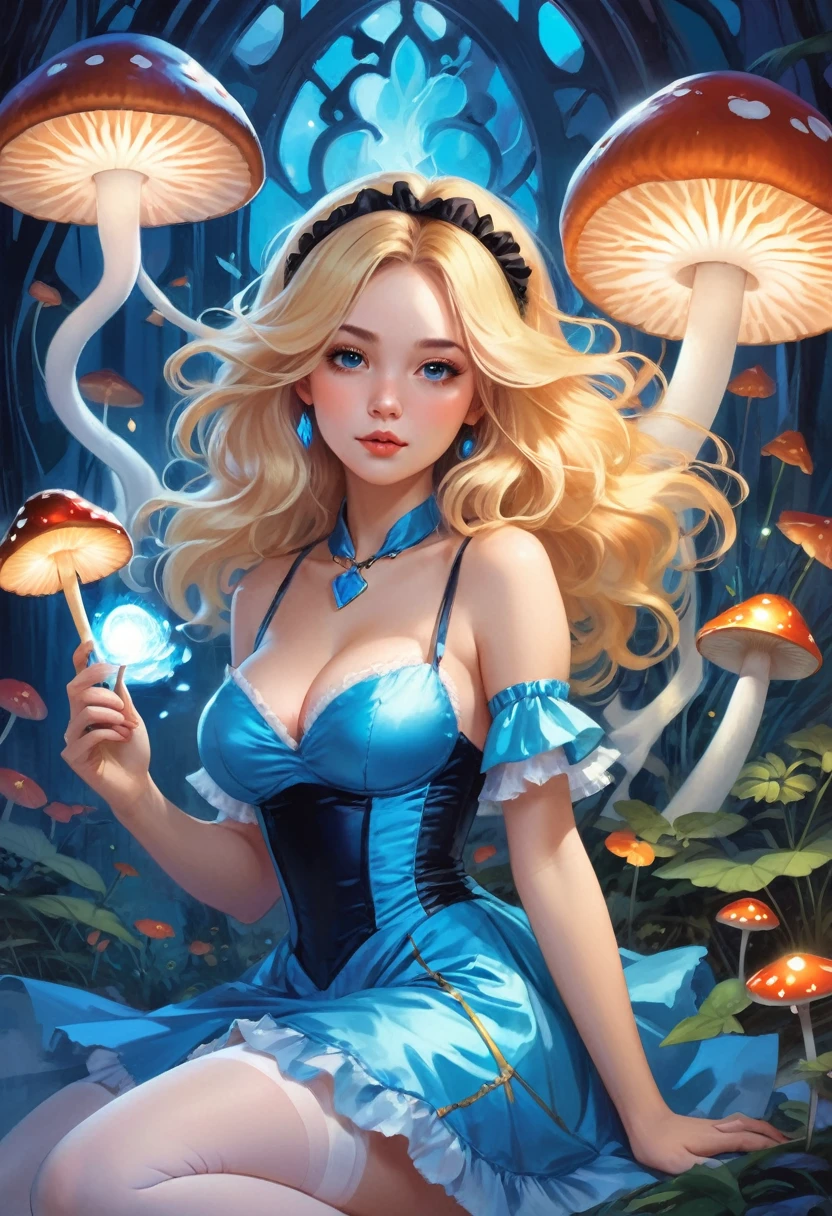 a beautiful 20 year old blonde woman with big messy hair in a blue dress, white stockings, black headband, cleavage, holding a glowing mushroom, fantasy art style, rossdraws cartoon vibrant, alice x. zhang, alice in wonderland cyberpunk, cute detailed digital art, colorfull digital fantasy art, digital fantasy art ), glossy digital painting, rossdraws pastel vibrant, rossdraws 2. 5, rossdraws 1. 0
