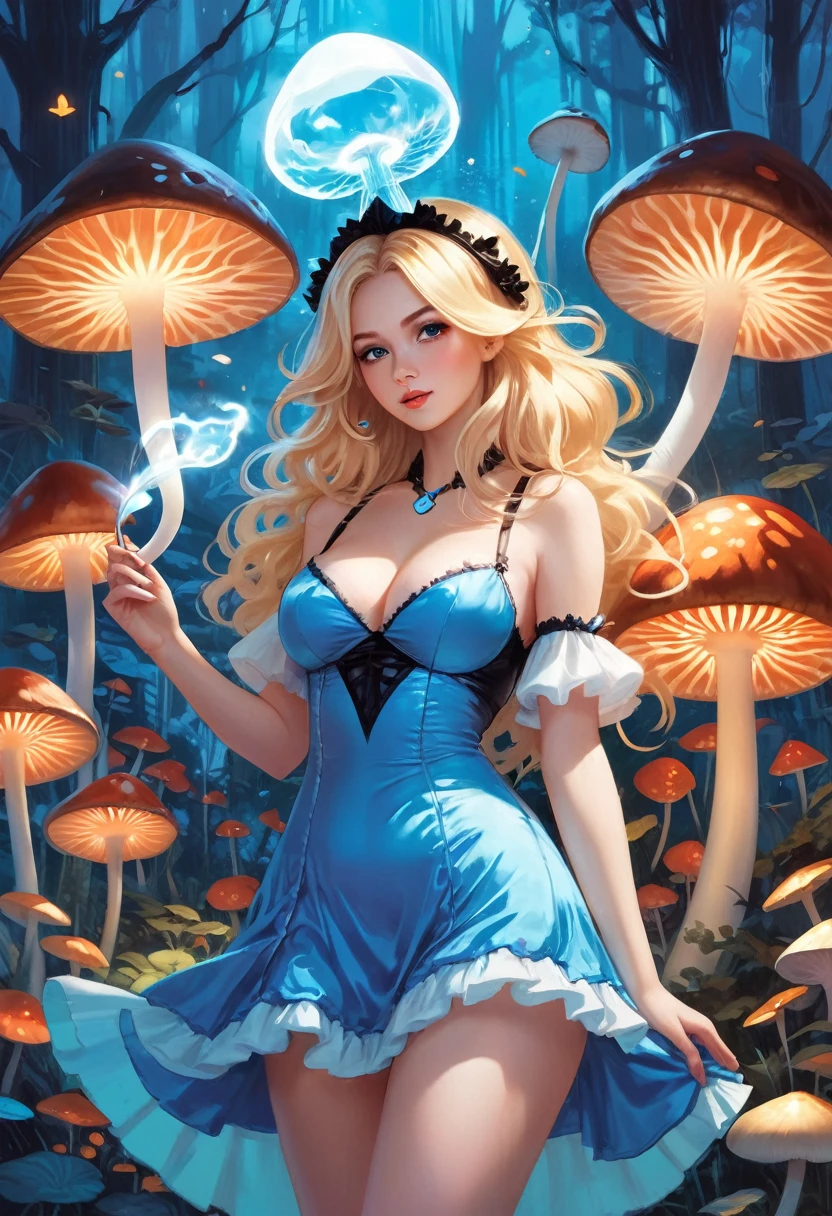 a beautiful 20 year old blonde woman with big messy hair in a blue dress, white stockings, black headband, cleavage, holding a glowing mushroom, fantasy art style, rossdraws cartoon vibrant, alice x. zhang, alice in wonderland cyberpunk, cute detailed digital art, colorfull digital fantasy art, digital fantasy art ), glossy digital painting, rossdraws pastel vibrant, rossdraws 2. 5, rossdraws 1. 0