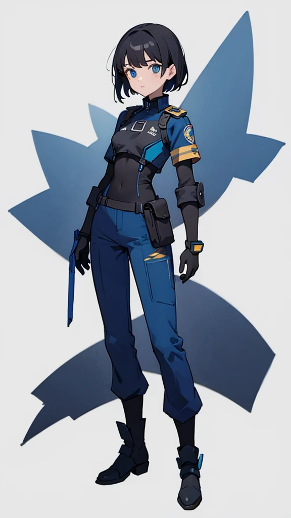 1,An android that resembles a human,Deep blue eyes,Short black hair,Dark blue uniform,Island symbol on chest,Armband on right arm,gloves,Dark blue pants for easy movement,Many side pockets,Black leather boots,badge,White background,whole body,Character portrait,
