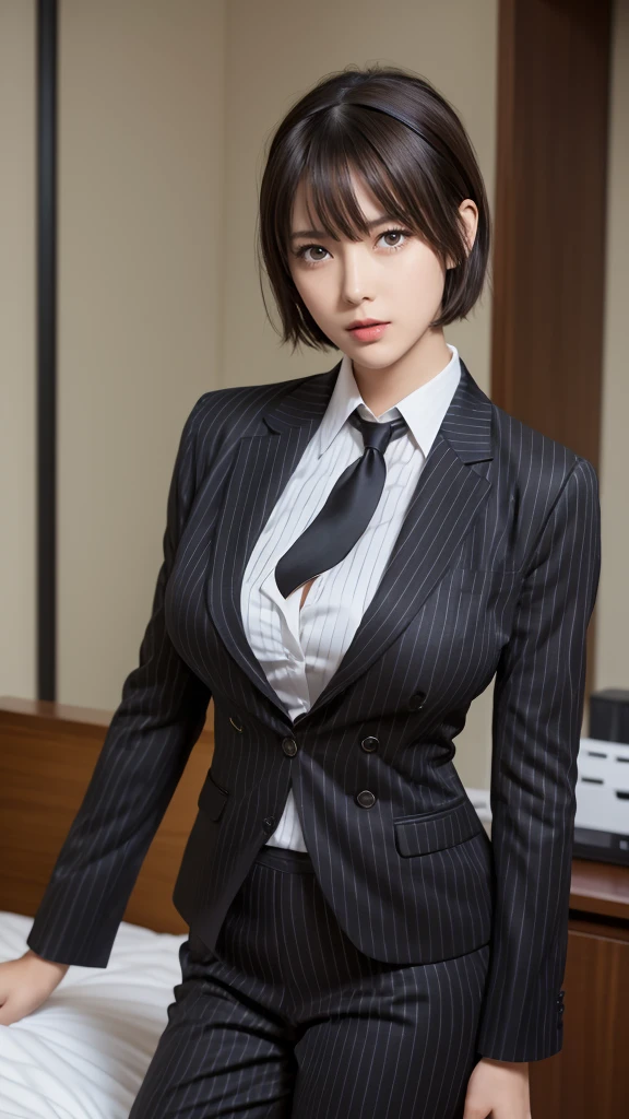 masterpiece, Highest quality, High resolution, aaisuzu, One girl, Po Shorthair, Headband, Brown eyes, Pinstripe suit, Black suit, Collared shirt, Pinstripe skirt, Black Pantyhose, Cowboy Shot, Are standing, office, View your viewers,Huge breasts,Open shirt,On the bed