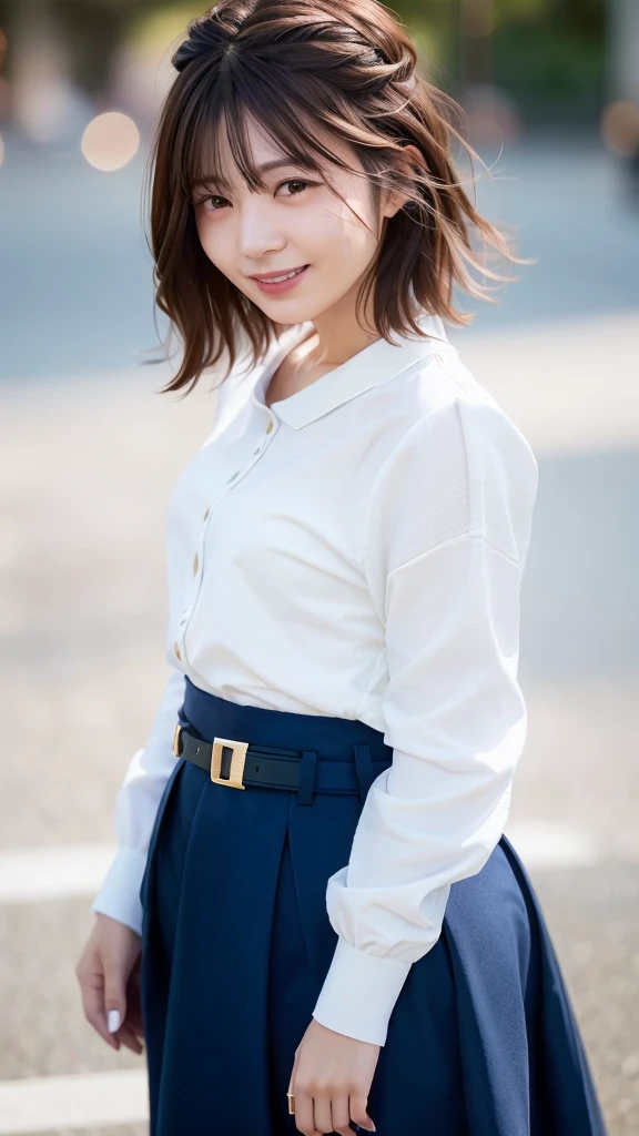 (Skin wounds:1.2), (Skin Dentition), black eye, 1woman, Age 25, (((woman))), alone, Realistic, Highest quality, photoRealistic, masterpiece, 8K, High resolution, alone, Highly detailed face, (Professional Lighting, Bokeh), (Particles of light, Lens flare, Glowing particles:0.6), (Dynamic pose:1.2), Soft lighting, View from above, Fashionable and trendy atmosphere, Japan, street, city, Tokyo, port, ((Daytime)), null, ((Looking at the audience:1)), (Looking into the camera),(Portraiture:0.6), Cowboy Shot, nice, Are standing, Maintain the original face proportions, Broad shoulders, whole body, (Small breasts), (short hair), Brown Hair, Floating Hair, lips, lipstick, seductive smile, Floating Hair, smile, Open_mouth, teeth, (White blouse without sleeves), (Jumper skirt), eyelash, Mole, (Mole under eye:1),