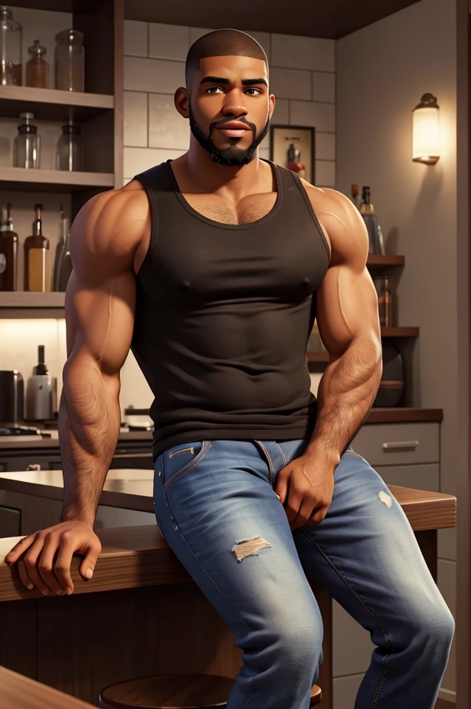 a hot black male, savon jackson, well-trimmed beard, dark skin, buzzcut, early 20s, sitting on bar stool in modern kitchen, beefy body, big juicy jiggly pecs, extremely detailed, realistic, photorealistic, 8k, high quality, cinematic lighting, dramatic shadows, warm color tones, wearing briefs showing off his bulge with a tank top