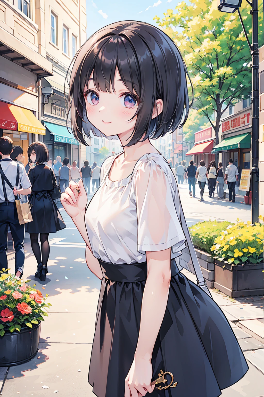 Photorealistic、Highest quality、Highest Resolution、Highest quality、8K、1人のBeautiful woman、Beautiful woman、Beautiful woman、cute、Bob Cut Hair、Dark Hair Color、Casual Style、smile、looks fun、sunny、In town、shopping、