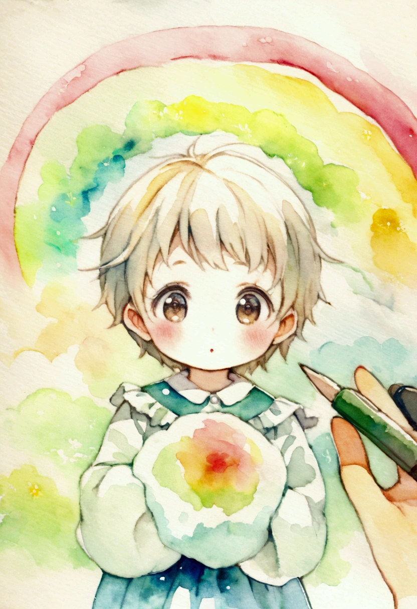 A girl and a boy, about 4 years old, under a big rainbow　Picture books　Watercolor