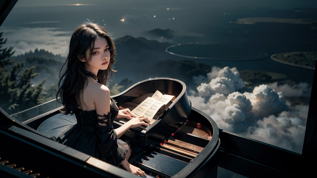 High resolution, (masterpiece:1.4), Very detailed, ,Spectacular, Above the Clouds、24 year old girl, View from above, space, floating, (((Playing the piano)))、(((Black torn dress)))、Serious expression、in the forest、In the fog、In the Dark、Black Hair