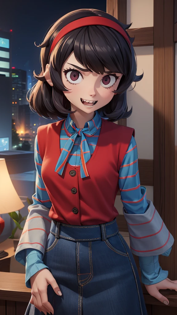 colettedef, sharp teeth, hair over one eye, hairband, blue shirt, long sleeves, red vest, pants,striped shirt, long sleeves, skirt, denim skirt, dsfutaba