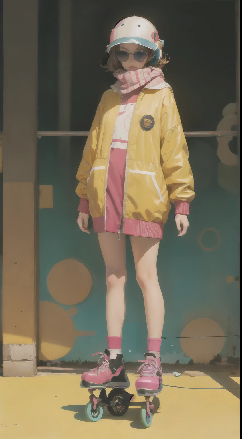 woman, (ultra detailed,ultra high res,detailed background),((2D)),((2D)),((flat color)),((muted color)),((floating neon)),1girl,solo,looking at viewer, spray paint, graffiti, girl in a colorful fencing suit, long plush scarf, full body image, adult woman, anatomically perfect face, face in focus, symmetrical face, rollerskates, wearing a 1950's scifi helmet with a visor, big sunglasses,