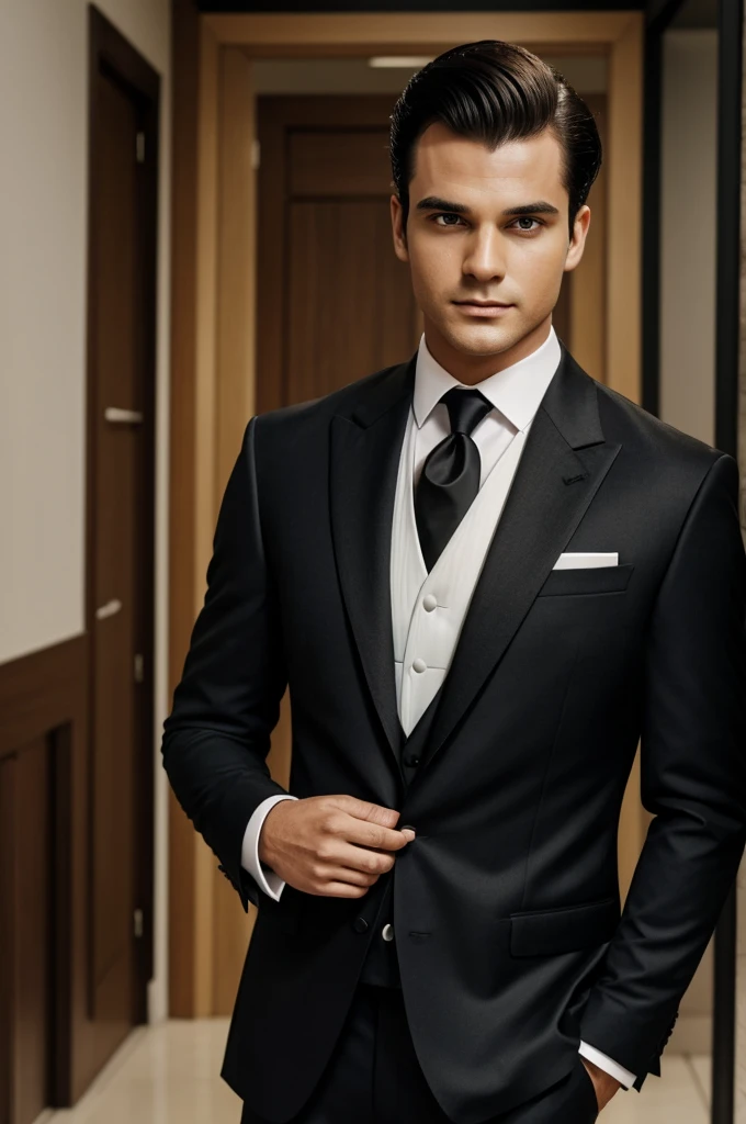 A person named jarcar who looks like a suit that was a dark two-piece tuxedo.He wears a red tie and a white shirt tucked in..He also has his hair combed back and is dark.
