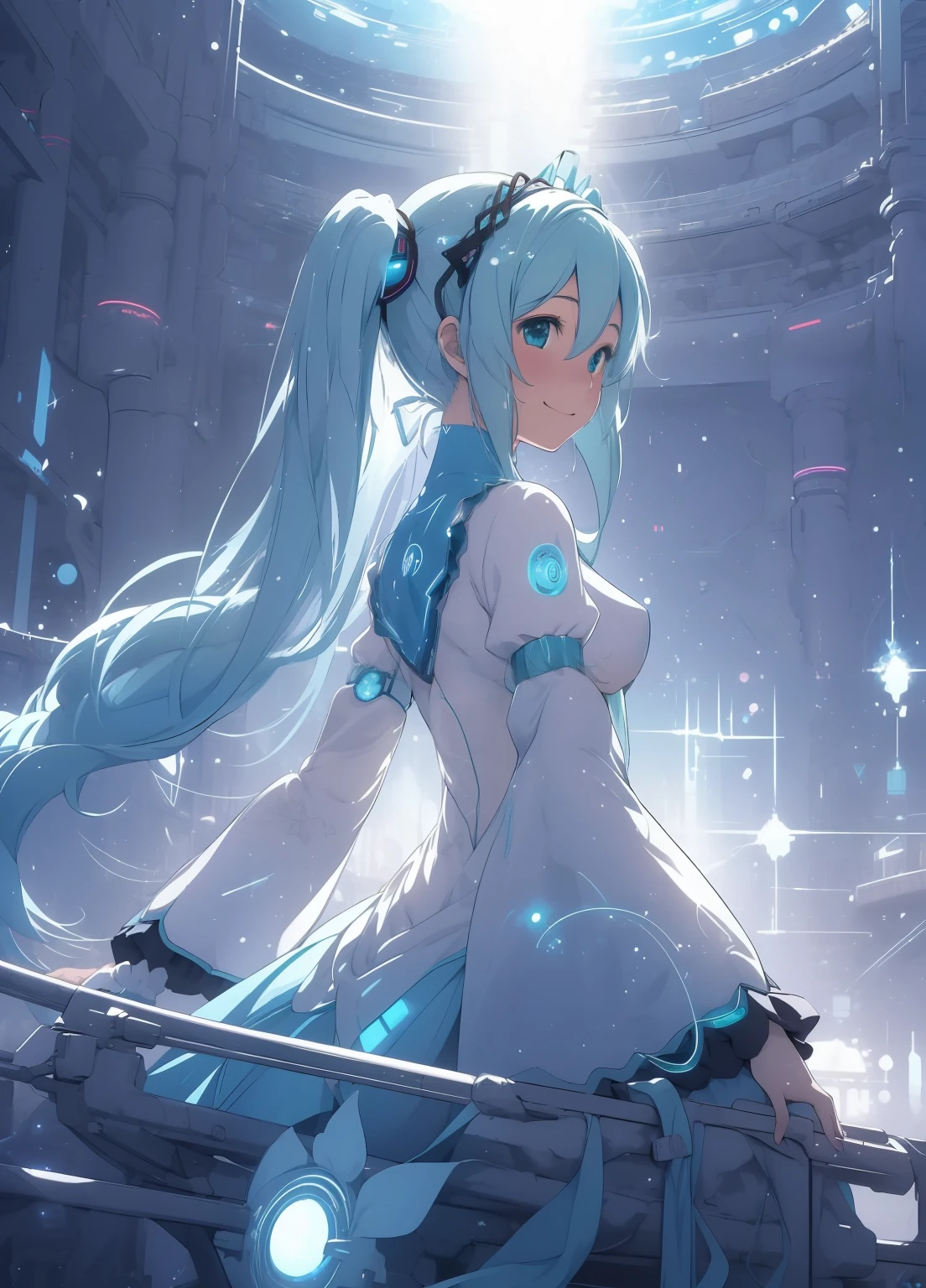 (masterpiece、Highest quality、Highest quality、Official Art、Beautiful and beautiful:1.2)、(One girl:1.3)Hatsune Miku、Twin tails,Beautiful breasts,(masterpiece), (sf:1.4), One girl, She turned away, smile, Silver Hair, Aqua Eye, headgear, Long sleeve, Removable sleeves, Glowing Energy Clothing, Particles of light