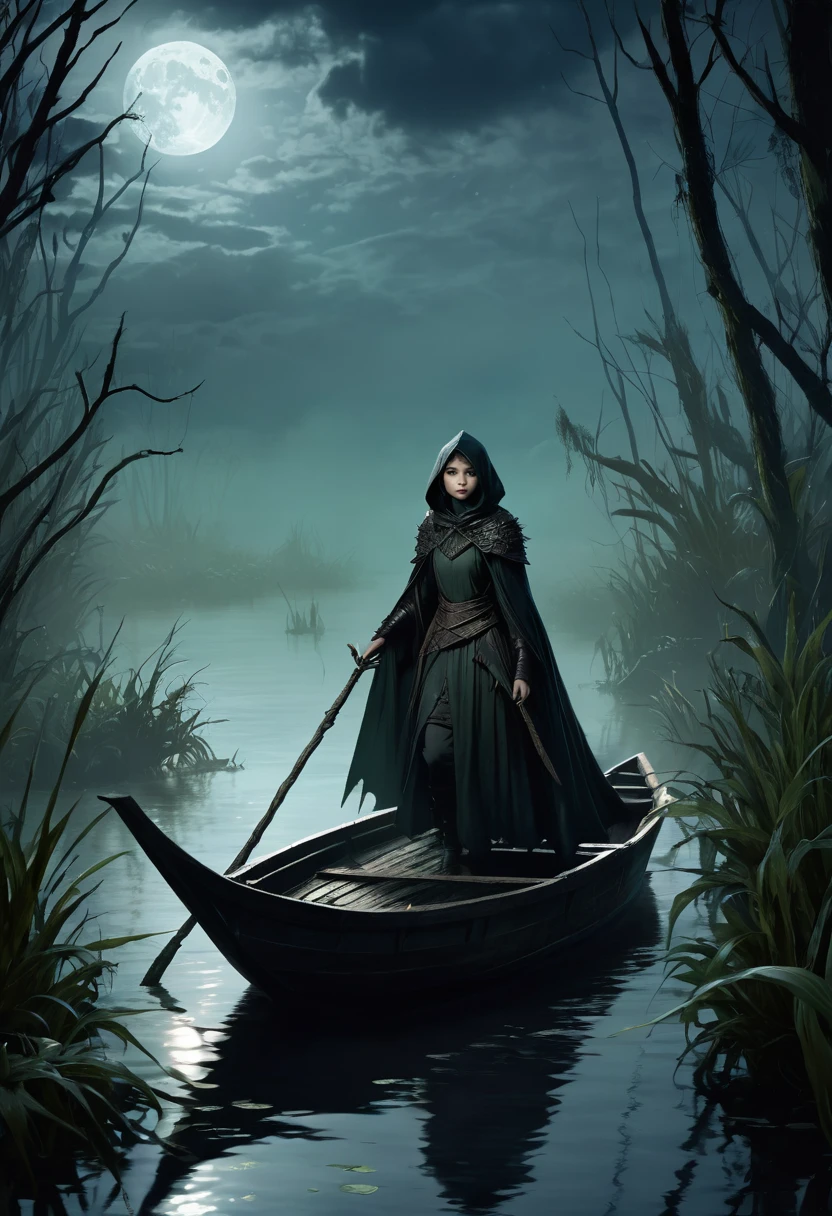 a shadowy and misty swamp, fierce battle against aquatic monsters, a young girl wrapped in a protective cloak, Kaelith the Shadow Hunter wielding a curved lance in a small wooden boat, dark cloak, determined and fierce eyes, scaly creatures emerging from murky waters with sharp fangs, oppressive and gloomy atmosphere, twisted swamp vegetation, pale moon barely visible through dense clouds, flickering light of an enchantment blinding the monsters, dramatic contrast