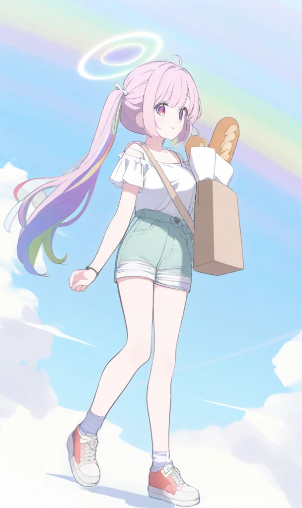 Gun_on_back_rainbow_hair_Holding_Bread_halo_casual_cute_outfits_Long_Twintails_hair_with_white_ribbons_\(\blue achive\)