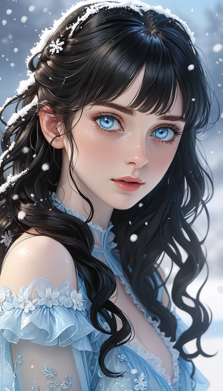 (((masterpiece))),best quality,illustration,4k wallpaper,movie lighting,absurd,1 girl,(snow,ice),snow flower,in winter,(((pale blue eyes:1.7))),(((black hair:1.8))),shiny hair,curls,transparent clothes,frills,lace,wet clothes,leave_Shoulder,hair tie,masterpiece,telephoto lens,absurd,Exquisite face,features,natural light,soft light,(Seven-part combination),epic,Dreamy and magical,mystery,