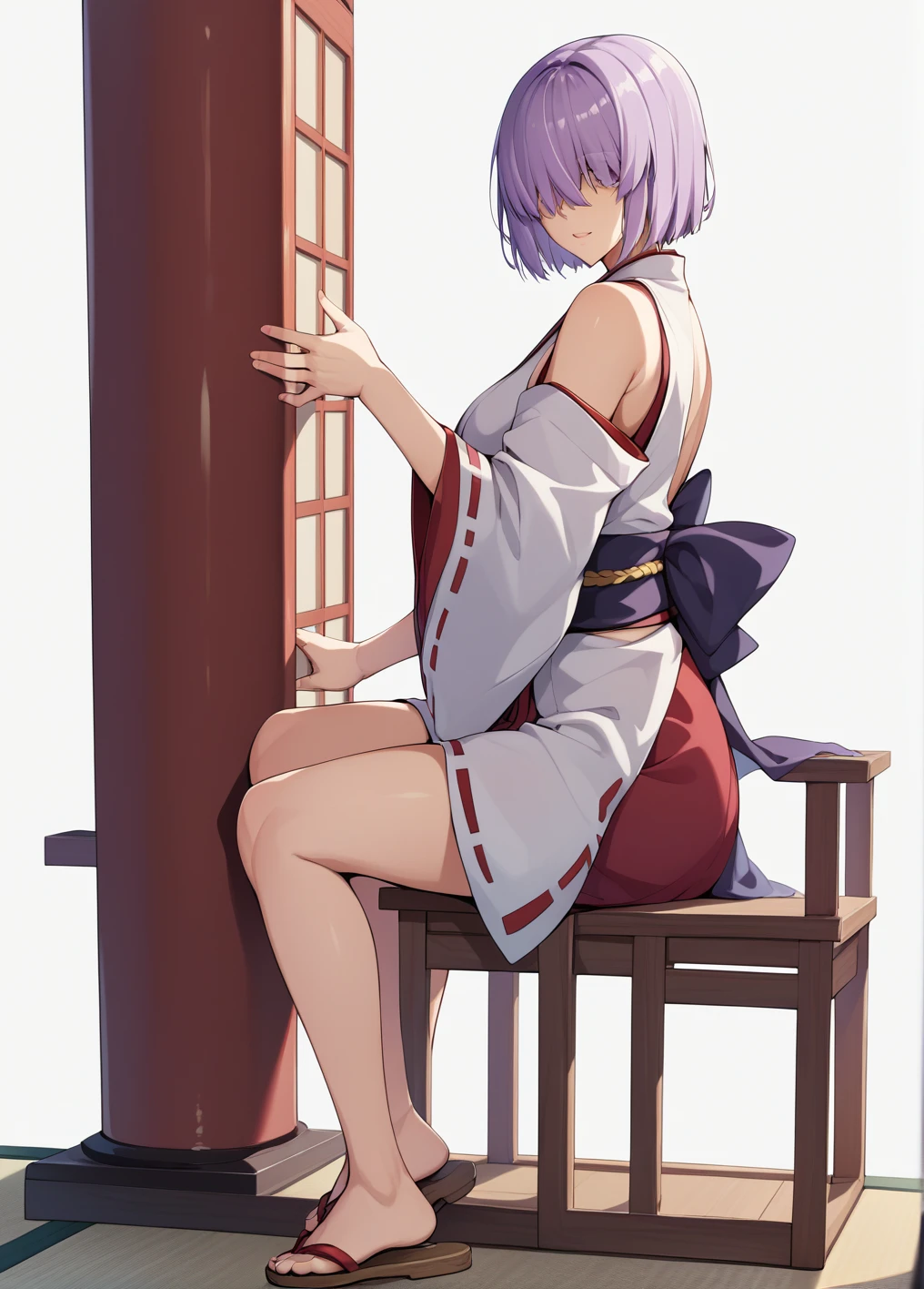 front、Ultra-detailed illustrations、Ultra-precise expression、masterpiece、Highest quality、ultra High resolution、High resolution、Hiromitsu Takeda Style、Angle from the side、White background、Simple Background、Character portrait、One girl、solo、Mash Kyrielight、light purple hair、short hair、hair over one eyes、hrine maiden、japanese shrine miko、Sandals、Shrine maiden、