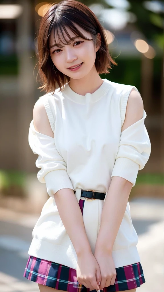 (Skin wounds:1.2), (Skin Dentition), black eye, 1woman, Age 25, (((woman))), alone, Realistic, Highest quality, photoRealistic, masterpiece, 8K, High resolution, alone, Highly detailed face, (Professional Lighting, Bokeh), (Particles of light, Lens flare, Glowing particles:0.6), (Dynamic pose:1.2), Soft lighting, View from above, Fashionable and trendy atmosphere, Japan, street, city, Tokyo, port, ((Daytime)), null, ((Looking at the audience:1)), (Looking into the camera),(Portraiture:0.6), Cowboy Shot, nice, Are standing, Maintain the original face proportions, Broad shoulders, whole body, (Small breasts), (short hair), Brown Hair, Floating Hair, lips, lipstick, seductive smile, Floating Hair, smile, Open_mouth, teeth, (White blouse without sleeves), (Jumper skirt), eyelash, Mole, (Mole under eye:1),