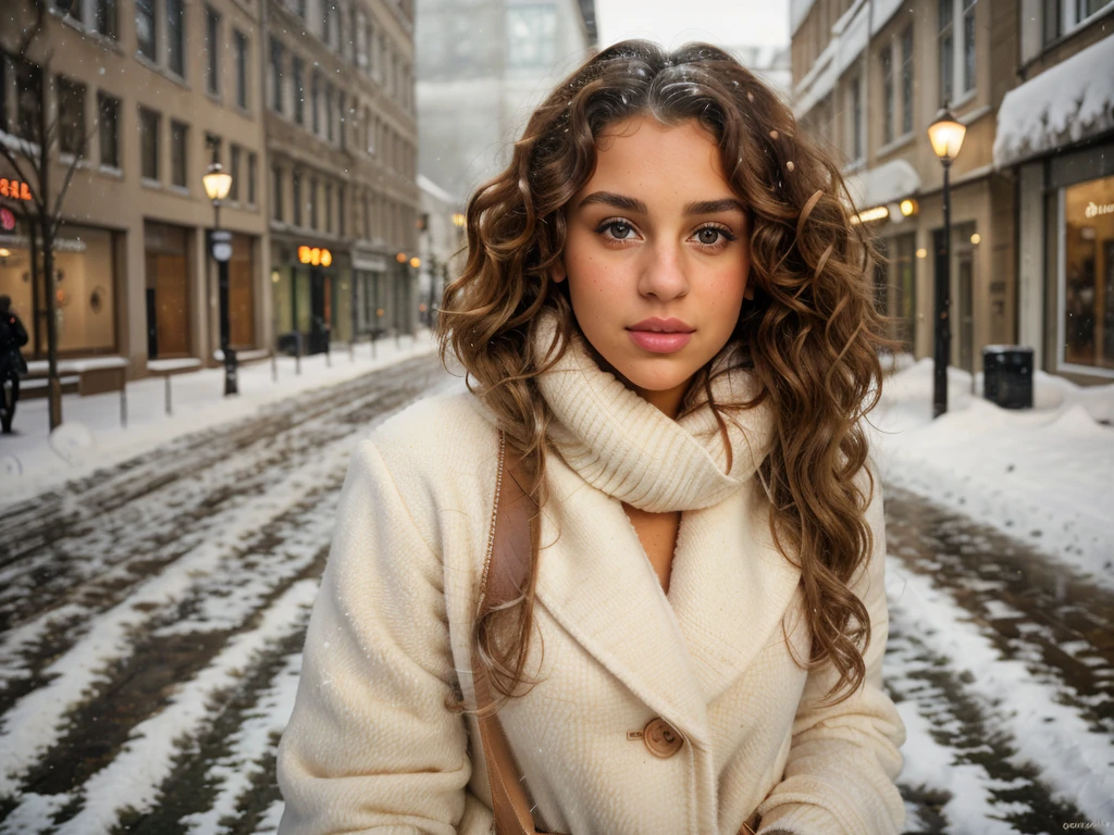 Beautiful face, delicate facial features, curly hair, tanned complexion, super realistic, big brown eyes, beautiful lips, perfect nose, pose for a photo, well lit, polish girl, , well dresedwalking through the city, wind, snow