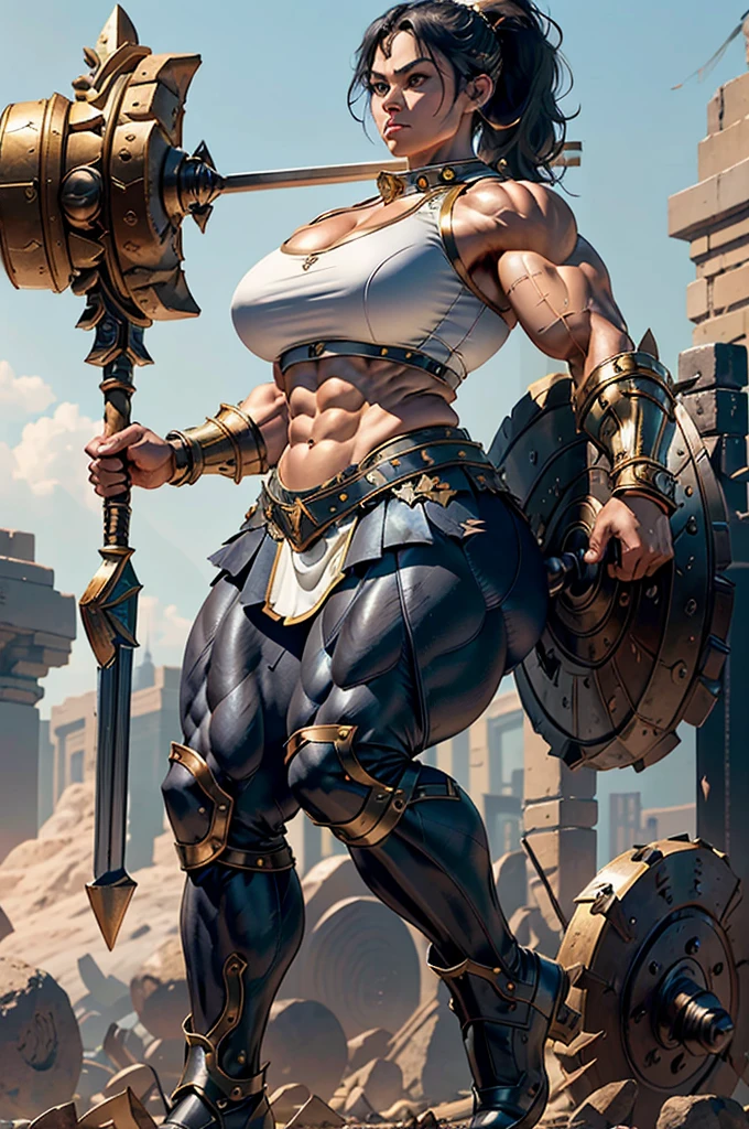 (Best lighting) , (Very intricate details) , 4K Integration, (Super fine CG: 1.2) , (8K: 1.2),(original), (masterpiece) , (Highest quality),(masterpiece:1.4),((Full images))、Photo quality,(masterpiece),masterpiece, Highest quality, Absurd,((Masterpiece, 4K, 8K, High resolution)),(masterpiece), (Highest quality), (Super detailed), (Very delicate and beautiful), ((Full body image 1:1.5)), 1 female, ((solo woman image)), The face of a 40-year-old Western woman、A beautiful, well-balanced face、 ((A woman with a muscular body like a male bodybuilder)),((Huge muscular physique))、((A giant woman, 18 metres tall))、Giants Women、((Beautiful woman)),((Woman warrior)),45 year old mature woman, Wearing Valkyrie Metal Armor、((Metal armor that resembles a thick chest and abdominal muscles))、((Metal armor covering the upper body))、mini skirt、Valkyrie's Helmet、Very strong legs、((Long boots with pin heels))、((kneehigh boots))、Wields a large spear as long as his height、A spear weighing 150 kg、Medieval streetscape,Strength and elegance,Solemn atmosphere,((The Queen's Appearance))、((The Strongest Queen of Mankind))、(Huge muscular physique),((Protruding veins))、((A woman with a toned chest like a male bodybuilder))、Raised trapezius muscle、very thick neck、((Strong arms with bulging biceps))、A muscular chest、Six-pack、((Thick thighs with bulging muscles))、Exposed thighs、((Bicep-like calf muscles))、Overflowing with incredible strength、Muscles bulging out from under the force of force all over the body、Black Hair、ponytail、A commanding presence,Poses that show off their monstrous power,Model standing、Standing with dignity、Vibrant colors,Down to the smallest thread,Impressive level textures,Sharp focus,((A strong Valkyrie captain)),((A powerful Valkyrie captain)),