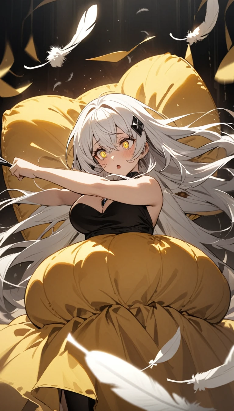 A woman, flowing white hair, melancholy eyes, yellow pupils, black diamond-shaped hairpin, A woman is cutting up a super huge golden silk cushion with scissors in a dirty way. Tiny feathers are dancing, She wears a see-through gown.