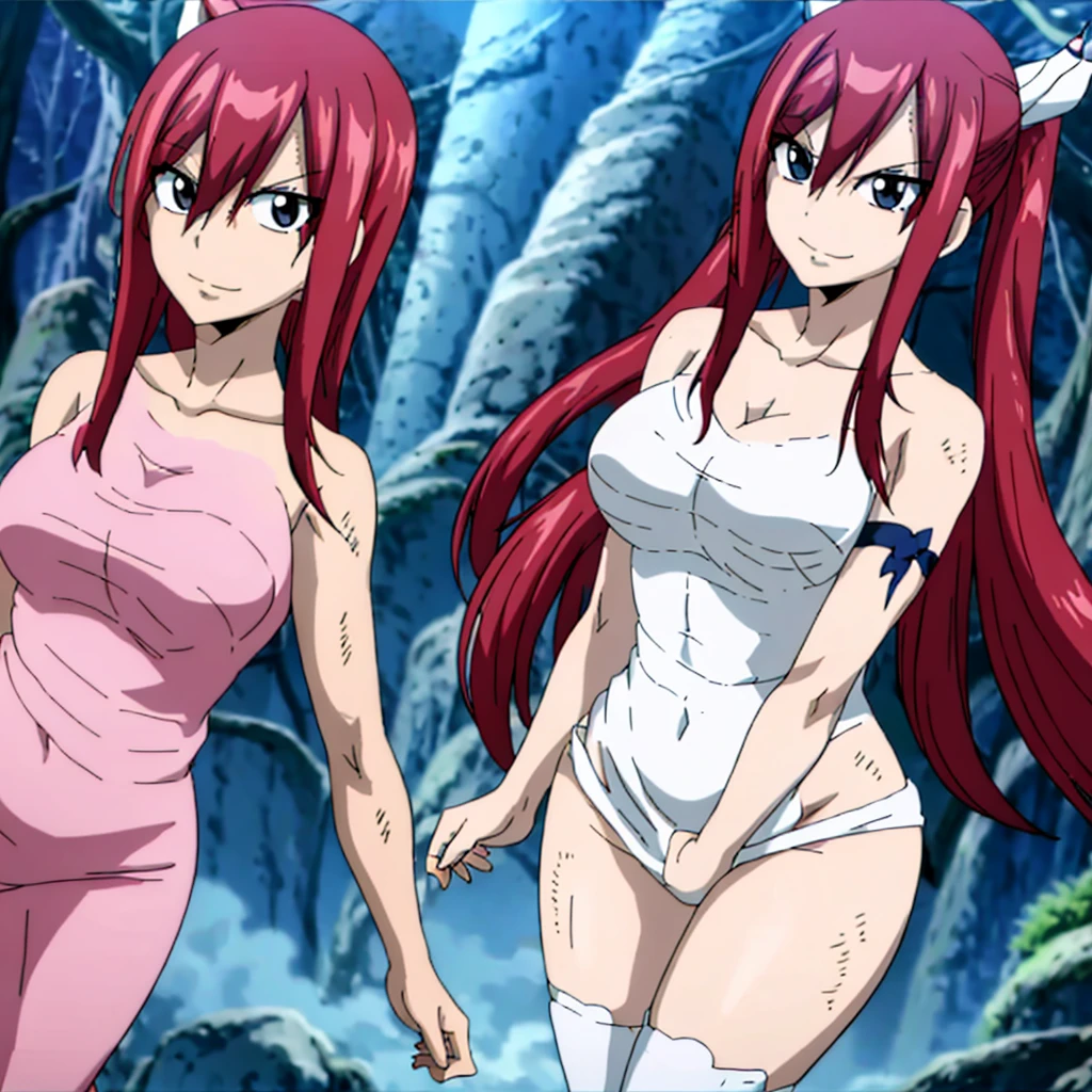 masterpiece, anime style, best quality, highres, fairy tail, 2 similar girls, huge breasts, collarbone,sarashi wrap on breasts, standing, insane mentally unstable smile,tall, short hair, pale skin