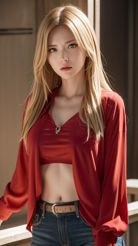 masterpiece, Highest quality, space, One Girl,alone,Cowboy Shot,sf,
 Alfin,blonde, Long Hair,Highly detailed face, Perfect lighting, Highly detailed CG, (Perfect hands, Perfect Anatomy),Angry face, Embarrassed look, Red face, Not wearing underwear, Very good, morning, sunlight, Best Shadow, Best lighting, Leaning forward, Medium Chest, Red long down blouse, 