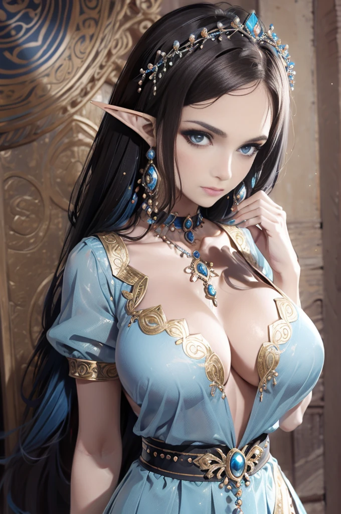 (Masterpiece, best quality, official art, 8K, high resolution), HD image, ultra-detailed, a cartoon image of a Sky Blue Skinned female Djinn with blue hair and blue eyes, a chain around her neck, Human Hybrid Djinn, (((((Her sky blue skin))))), skin genie girl sky blue, alone, Krenz Cushart and Artgerm, aesthetics!!!!!!, female genius, she is huge, beautiful girl genius, a celestial appearance, eyes are large and expressive, ((deep blue eyes)), exotic eyes, detailed eyes, ((long blue hair)), wavy and flowing, wears an exotic outfit, (((She wears a white top adorned with sparkling jewels, her skirt is long and flowing, made of lightweight silk, with layers that move gracefully with each step))), the skirt is decorated with intricate embroidery in silver and gold, waist sash decorated with precious stones, artgerm style, Water Elemental Woman, Goddess Inanna, The Greek goddess Afrotita, aesthetic!!!!!!, (1 Female Genie Djinn), (Big Breasts), Beautiful Genie, Evil Goddess, Djinn Character, ideal body proportion, ((Detailed Body)), mega detailed sensual body, perfect goddess body, Cuffs with Hanging Chains, Colorful Concept Art, Spiritual Fantasy Concept Art,Genius character who is a female Djinn with sky blue skin, blue hair and blue eyes, elf ears, wearing a white top and wearing a long white skirt as well, (Sky Blue Skinned Elf-Djinn).